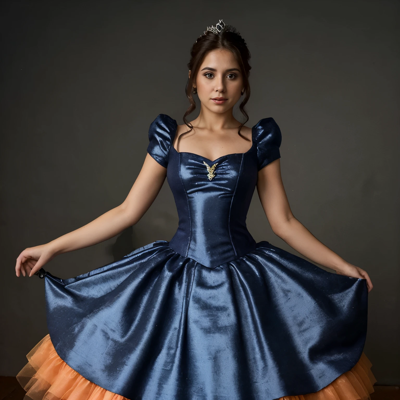 score_9, score_8_up, score_7_up, (realistic, source_photo BREAK in a dress, attending a gala, detailed background, embedding:OverallDetailXL:1.4), Kaleidia is a woman with piercing blue-grey eyes and a snub nose, her  shoulder length dark brown hair frames her diamond shaped face quite nicely, she prefers simple colorful t-shirts in bright colors, intricate detail, highly detailed skin pores, highly detailed hair, intricate skin detail, skin imperfections