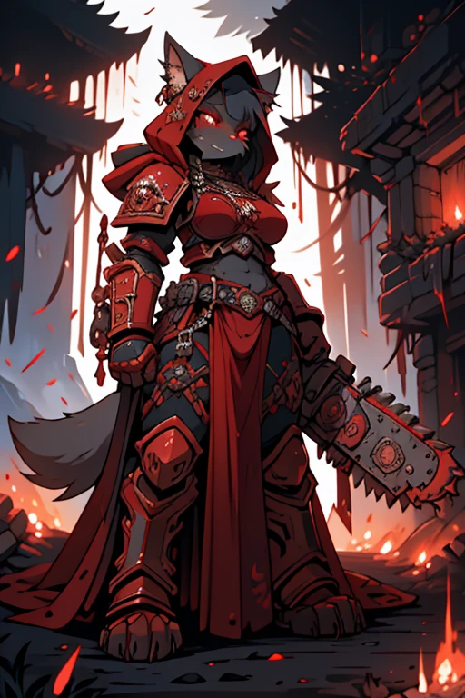 Female Furry cat+red eyes black hair with red-scarlet tips of hair tall, a little plump+ in black knight's armor face covered in blood face gloomy and serious+in the forest, one fire, dead demons lie on the ground+smoke from the fire+anime,
huge muscled furry, wolf girl in power armor sister of battle, warhammer 40k, aesthetics of the female body, Full-length front view, absurdity, A high resolution, Ultra detailed, 1 girl,oversized hooded jacket,whole body, holding mechanical chainsaw