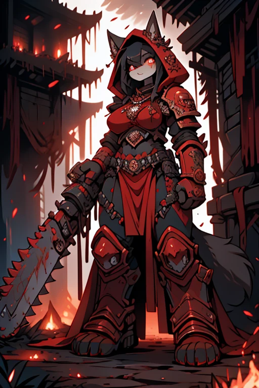 Female Furry cat+red eyes black hair with red-scarlet tips of hair tall, a little plump+ in black knight's armor face covered in blood face gloomy and serious+in the forest, one fire, dead demons lie on the ground+smoke from the fire+anime
