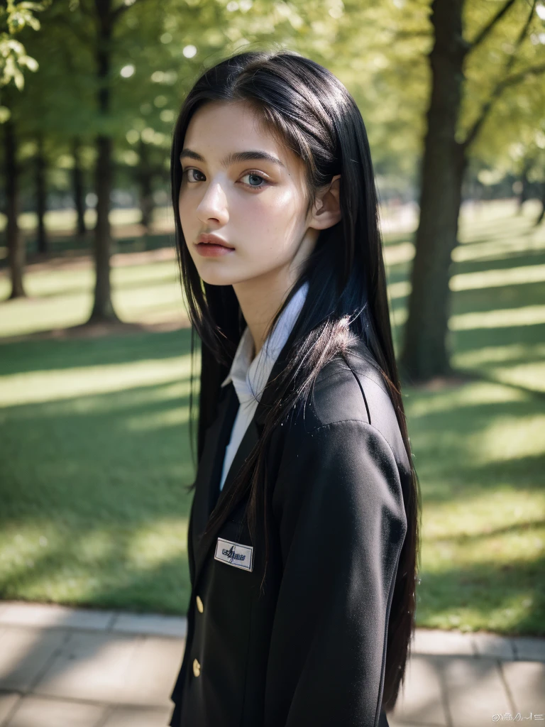 ( masterpiece, top quality, best quality,8k, girl,ultra detailed,raw photo:1.5),(photorealistic:1.4), (long black hair:1.5), (cinematic lighting), PerfectNwsjMajic, , Surrealism, UHD, ccurate, Super detail, textured skin, High detail, Best quality, dynamic angle, (high nose,White skin),[Beautiful blue eyes],[flat chest:large breasts:0.5],(1girl),(good anatomy:0.5)),(outside:1.5), uniform 