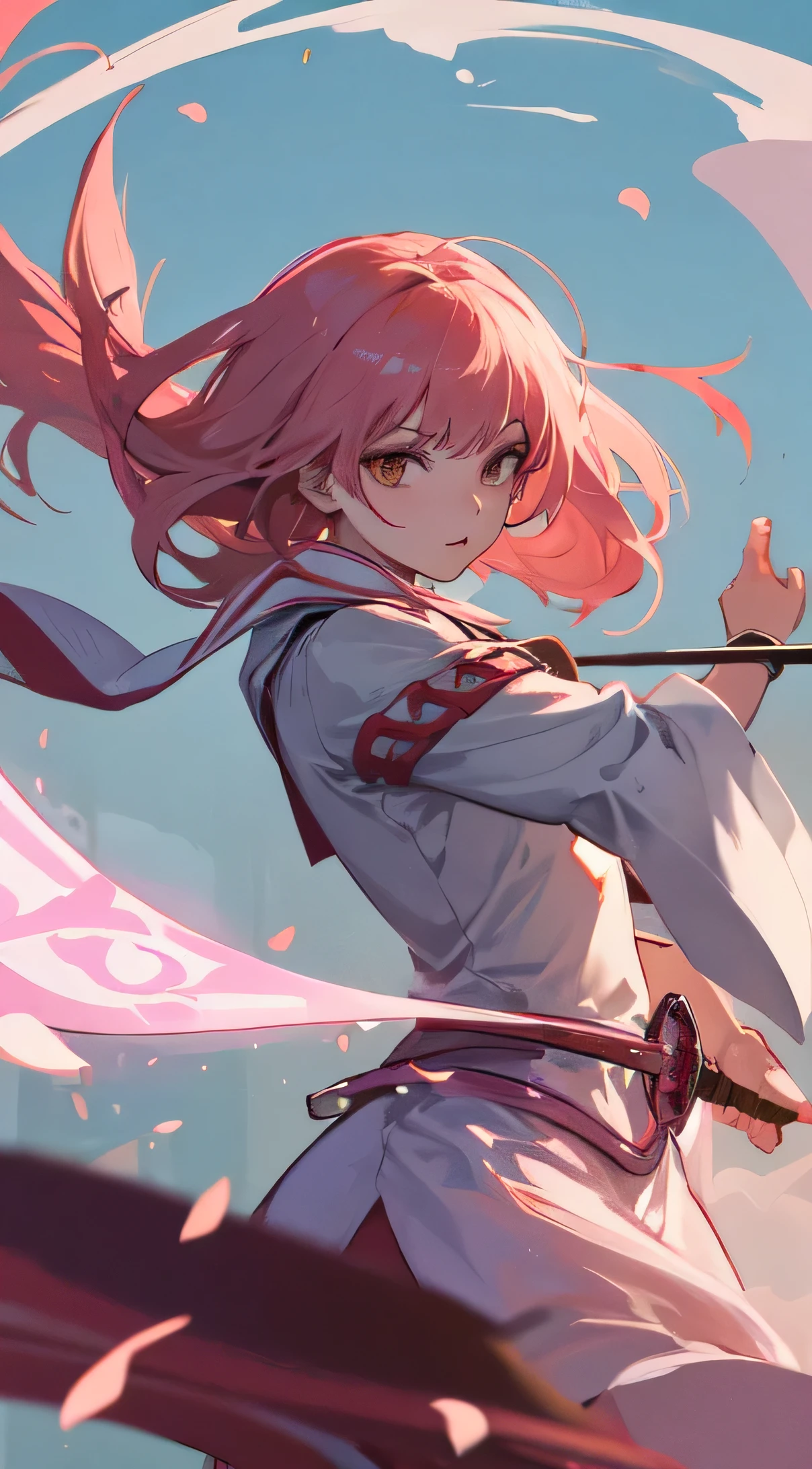22-year-old female, long pink hair, brown eyes, Thin, Big , Swordsman, Western style silver white light clothing, pink sword, scabbard, Make it like tarot anime style but without the frame, The eyes are firm, pink energy, Sakura petals, Pink Blade Spread