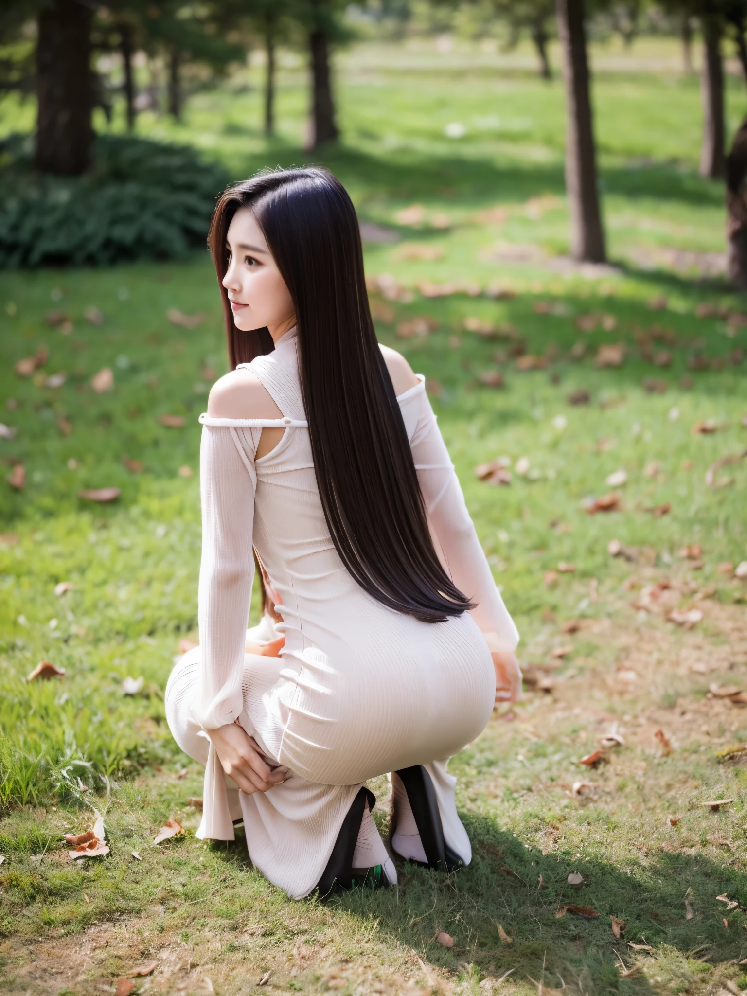 Squatting down wearing a  long body hugging dress with sleeves, showing rear view