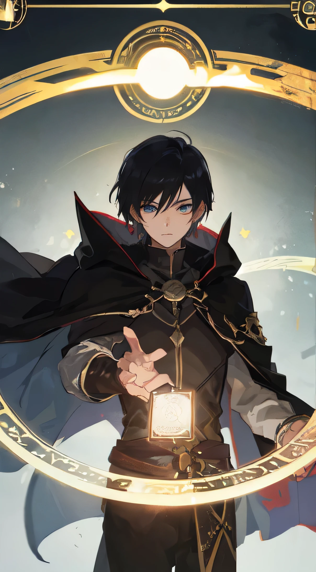 22 year old male, black hair, blue eyes, Black Elegance, Black hoodless cape ,Control light and dark, Make it like tarot anime style but without the frame, The eyes are firm, magic circle, Light, dark, Light Particles, dark particles, gods, world, Demon God, energy