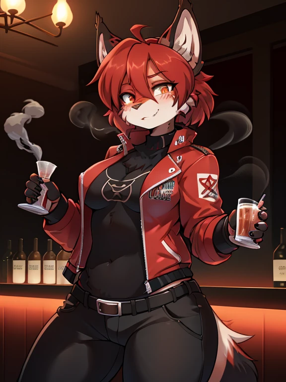 Anthropomorphic furry lynx girl, poison, Red hair, wearing a jacket with a smoke pattern on it, in black pants, hands in bandages, MMA fighter, burn on left eye, robot assistant nearby,  working in a bar as a bartender in anime style