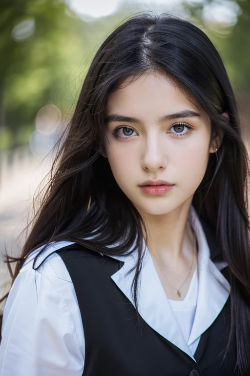 ( masterpiece, top quality, best quality,8k,17 years old girl,ultra detailed,raw photo:1.5),(photorealistic:1.4), (long black hair:1.5), (cinematic lighting), PerfectNwsjMajic, Surrealism, UHD, ccurate, Super detail, textured skin, High detail, Best quality, dynamic angle, (high nose,White skin),[Beautiful blue eyes],[flat chest:large breasts:0.5],(1girl),(good anatomy:0.5)), uniform 