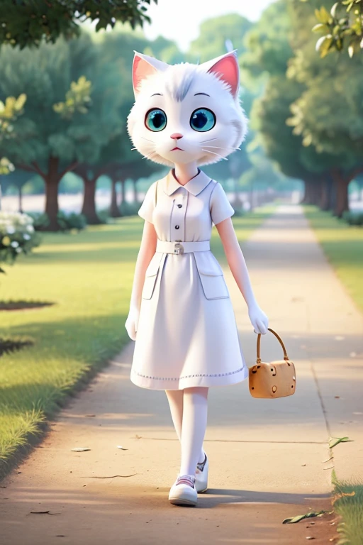 one beautiful white female cat walking in a park, alone, looking for a butterfly