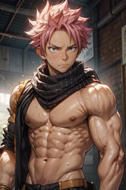 Natsu Dragneel flexing muscles looking at the viewer with a expressionless face. Sweating fit V shaped body, black half-jacket, white cargo pants, and white scarf. Abs, chest and pecs