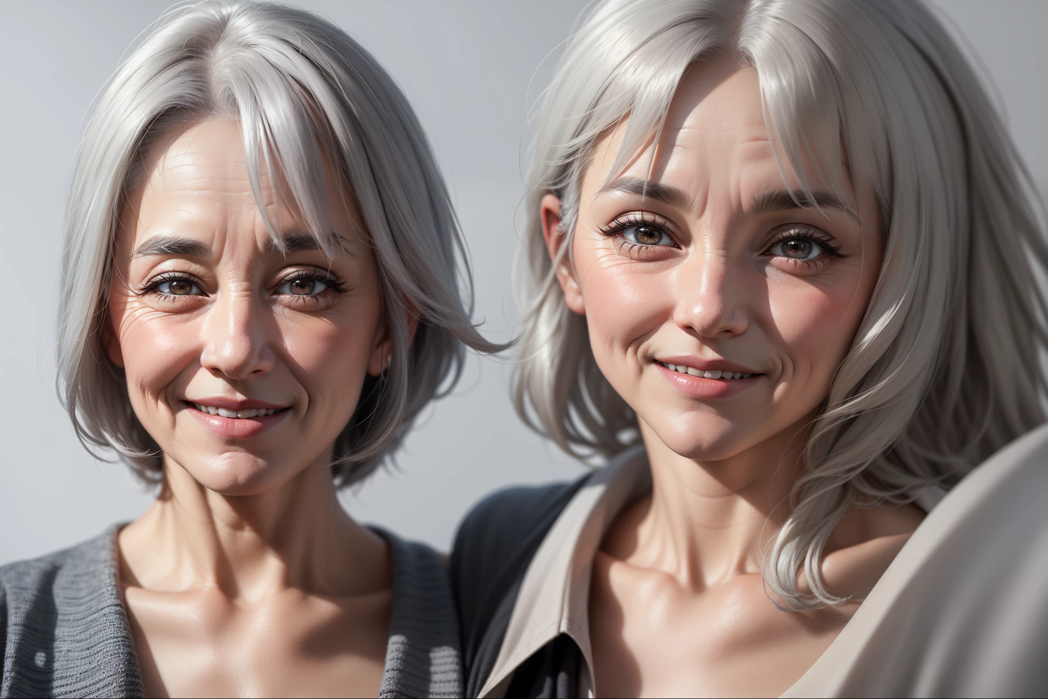 一头gray hair、Wearing a gray sweater、Smiling woman posing for camera, mature facial features, Portrait of 6 0 year old woman, high quality portraits, 70 years old, 70 years old, 60 mm portrait, High quality 4k portraits, Old gray hair, Ultra-detailed portraits, a close up portrait photo, old woman, gray hair