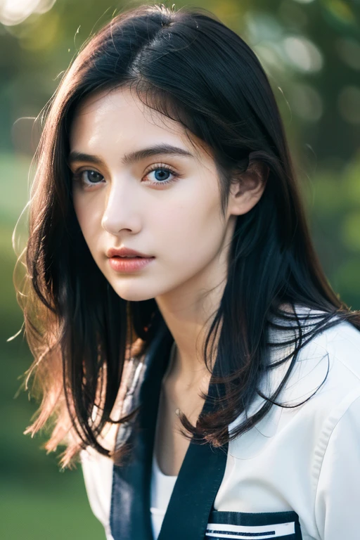 ( masterpiece, top quality, best quality,8k,17 years old girl,ultra detailed,raw photo:1.5),(photorealistic:1.4), (long black hair:1.5), (cinematic lighting), PerfectNwsjMajic, Surrealism, UHD, ccurate, Super detail, textured skin, High detail, Best quality, dynamic angle, (high nose,White skin),[Beautiful blue eyes],[flat chest:large breasts:0.5],(1girl),(good anatomy:0.5)), uniform 
