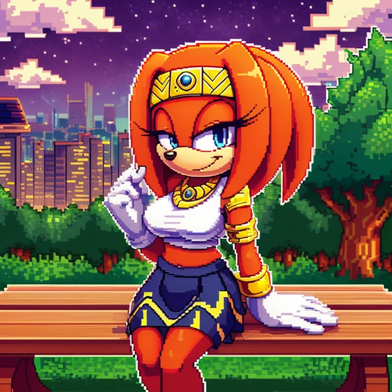 (uploaded on e621 superior quality award winning quality), (intricate detail and scene composition and complex design), (widescreen absurd res 2D digital media drawn in sprite pixel art style and isometric role playing game style:1.2), (solo 1girl three-quarter portrait close up front view looking at viewer:1.2), perfect anatomy 5 fingers, excellent facial detail, (female cute  anthro Tikal the echidna), half-closed eyes blue eyes, (smirk:1.2), (wearing green patterned skirt and top:1.2), medium breasts, white gloves, armlet, midriff, (hand behind head and hand on bench sitting on a wooden bench in a park with trees and night sky and suburb skyline in the background),