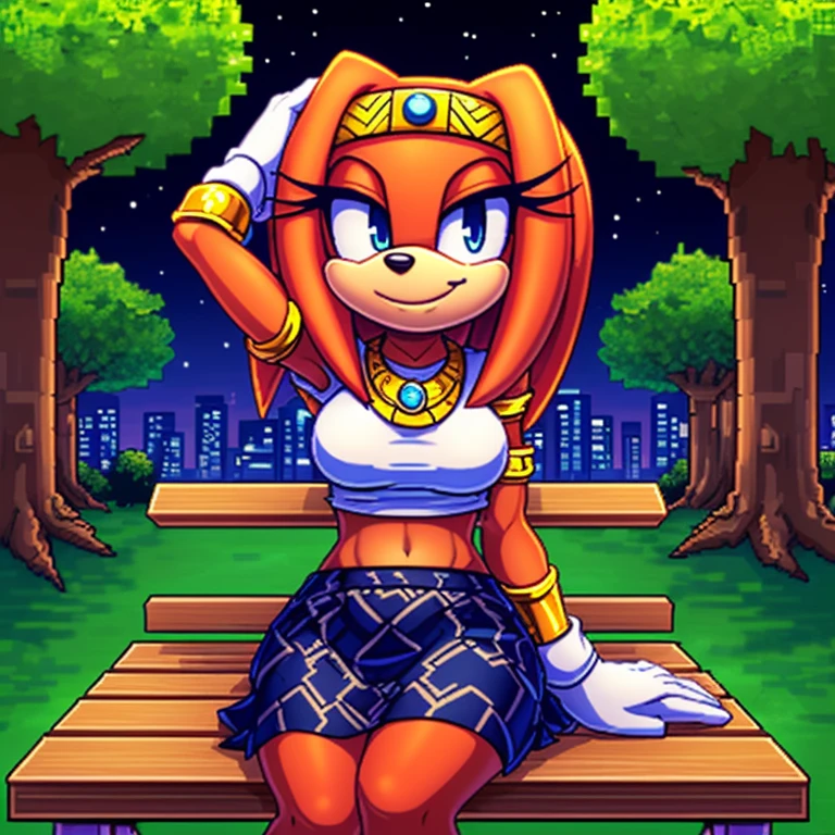 (uploaded on e621 superior quality award winning quality), (intricate detail and scene composition and complex design), (widescreen absurd res 2D digital media drawn in sprite pixel art style and isometric role playing game style:1.2), (solo 1girl three-quarter portrait close up front view looking at viewer:1.2), perfect anatomy 5 fingers, excellent facial detail, (female cute  anthro Tikal the echidna), half-closed eyes blue eyes, (smirk:1.2), (wearing green patterned skirt and top:1.2), medium breasts, white gloves, armlet, midriff, (hand behind head and hand on bench sitting on a wooden bench in a park with trees and night sky and suburb skyline in the background),