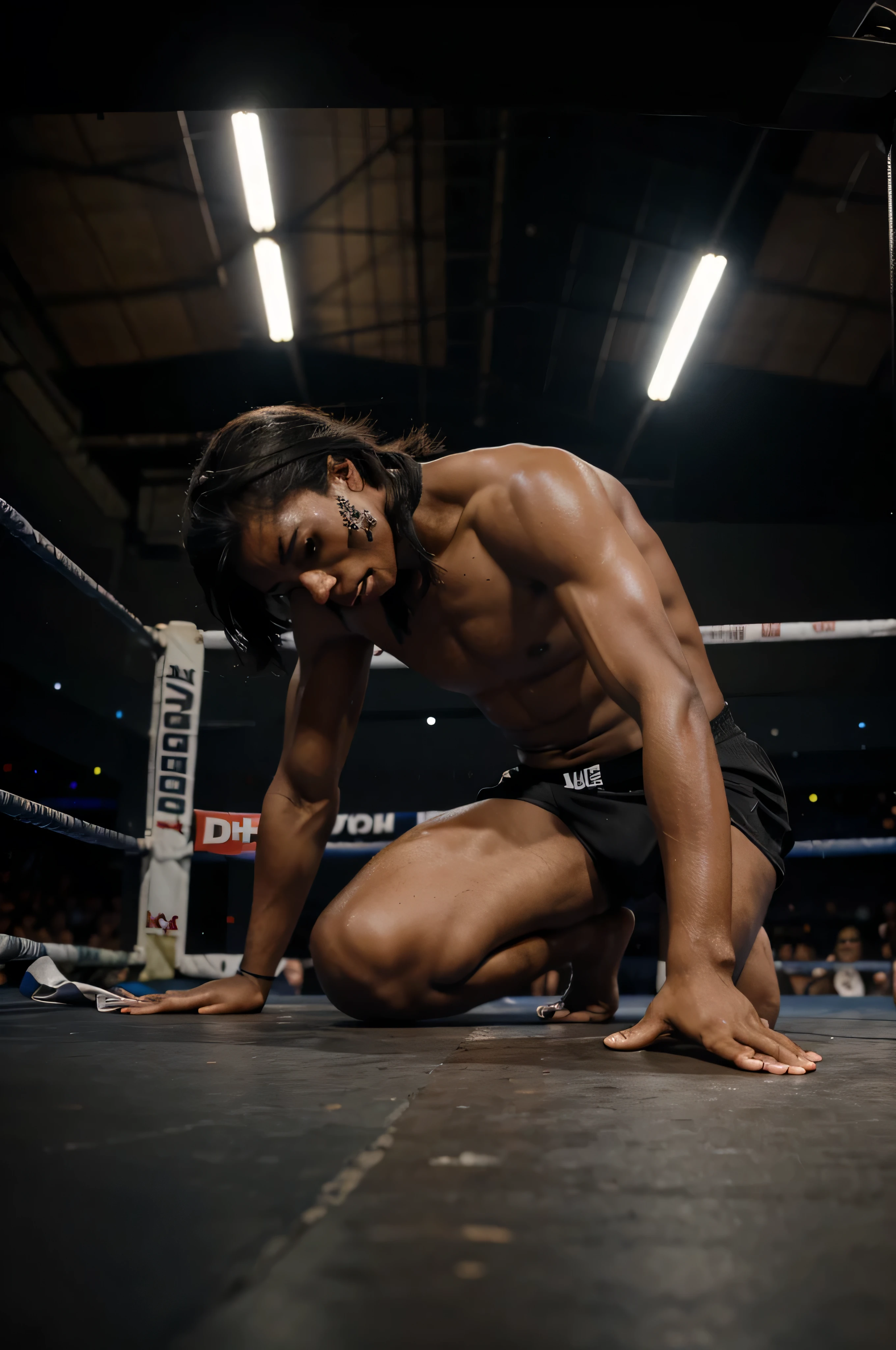 black boxer winning match, one hand raised, bleeding, kneeled down, looking up, uhd, view from down to upside