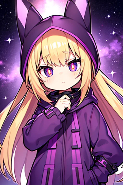 Wearing a purple loose coat, wearing a hood,nihilism,poker face,Knowledgeable,blond,Orange pupils,Lovely,World-weary,There is a story,The ability to manipulate space
