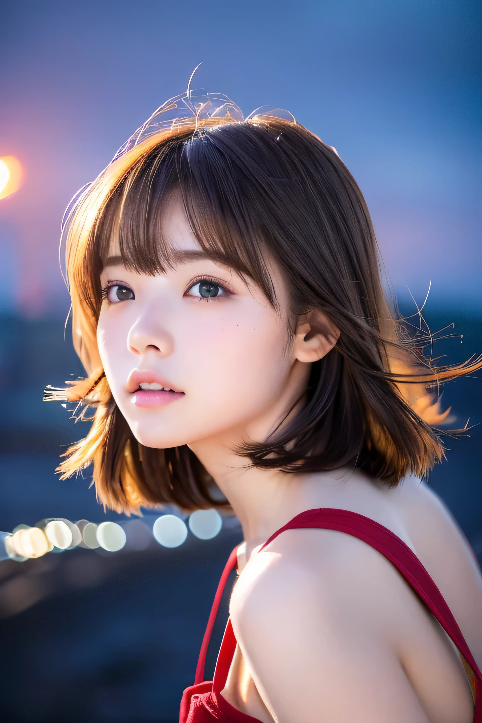 ((hair blowing in the wind、No makeup:1.2))、(realistic、Photoreal、super detailed、best detailed skins、highest quality、masterpiece、超A high resolution)、cute russian woman、、high school girl、young girl、1 girl、have bangs、ash blonde:1.7、double eyelid、drooling eyes、Japanese style face、purity、realistic skin type、Thick fluffy hair、red cheeks、The wind is blowing、lighting from behind、hair blowing in the windがステキ、((short hair、port at night、illuminated by moonlight))