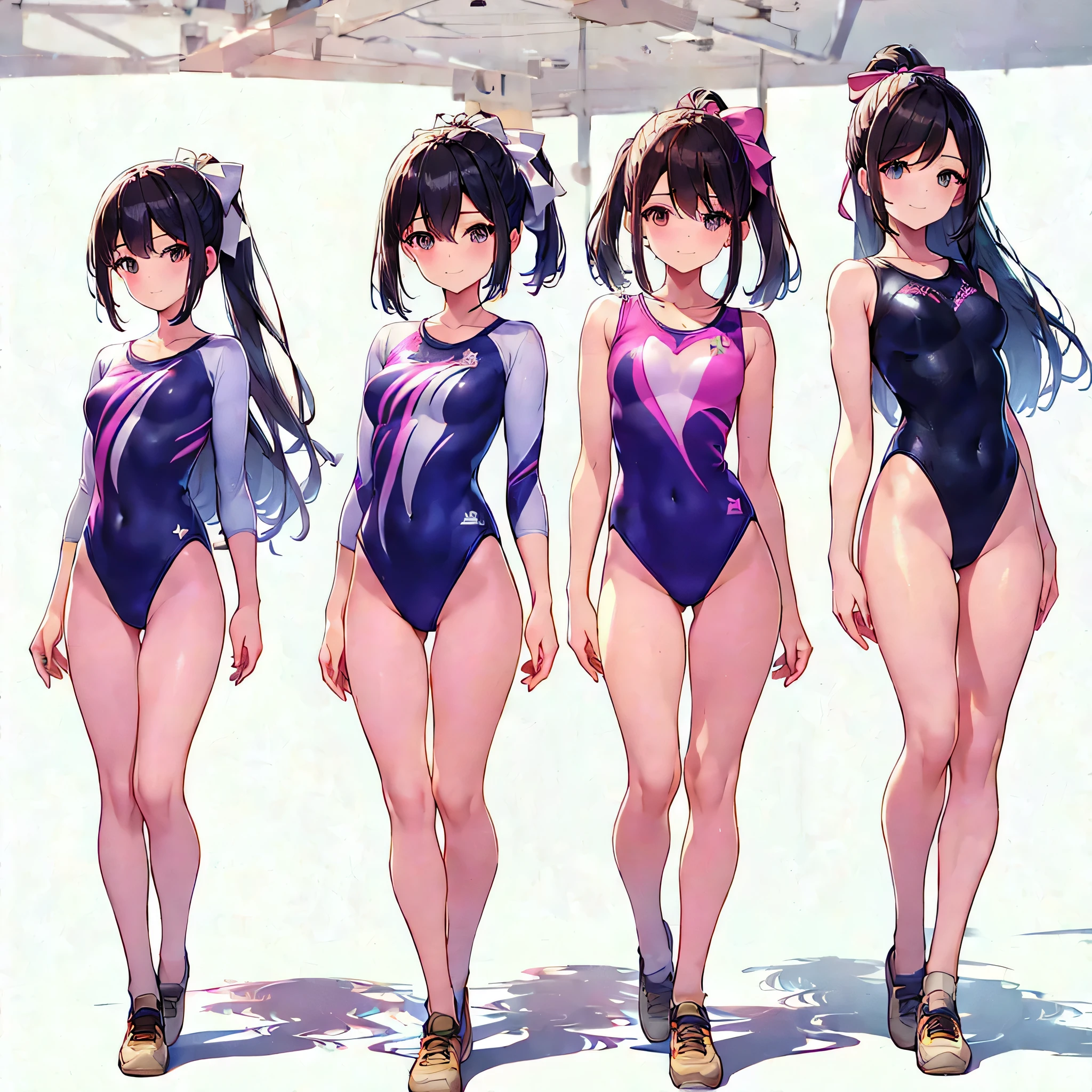 ((full body)),(masterpiece, best quality), (2 girls1.5) ,((Contrapposto:1.5)), looking at viewer, walking,((v_arms:1.2)), (wearing gymnastics_longsleeves_leotard_outfit leotard:1.3),(pink leotard) ,(ribbon print leotard:1.3),{{wearing gym suit:1.3 }}, BREAK masterpiece black hair, ((long hair:1.2)), ((parted bangs:1.3)), black eyes, good hand, ((small breasts)), (over 20 years old, under 25 years old:1.2), , spotlight, happy, smile, BREAK in the class room