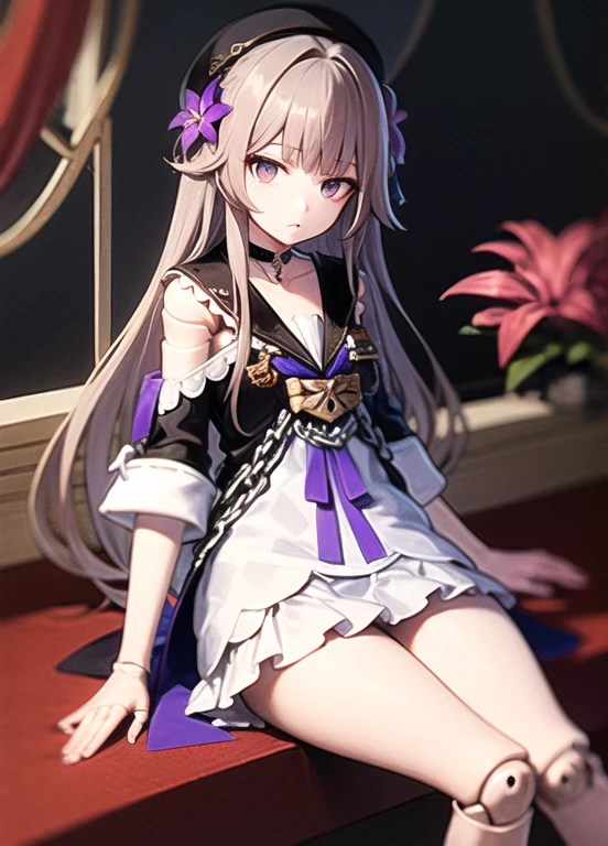 masterpiece, best quality, ultra-detailed, illustration, 1girl, solo,  herta /(honkai star rail/), grey hair, long hair, purple eyes, doll joints, small breasts, purple hair flower, beret, single earring, choker, collarbone, hertadress, black jacket, long sleeves, purple ribbon, frills, white dress, checkered dress, tailcoat, ankle boots, ful body, expressionless