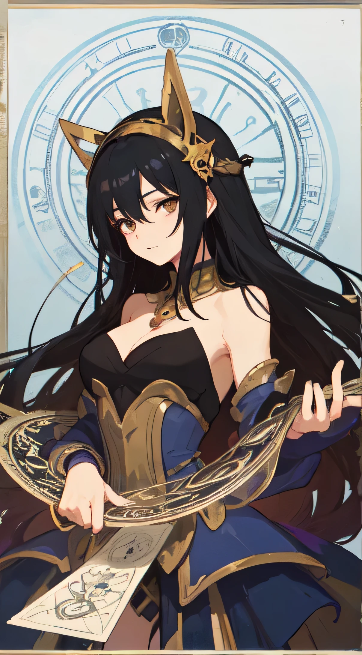 22-year-old female ,black hair, brown eyes, Thin, Big ,Decorated with a bow on the head, Black elegant women's suit, magic circle, Make it like tarot anime style but without the frame, The eyes are firm, time energy, Master the time