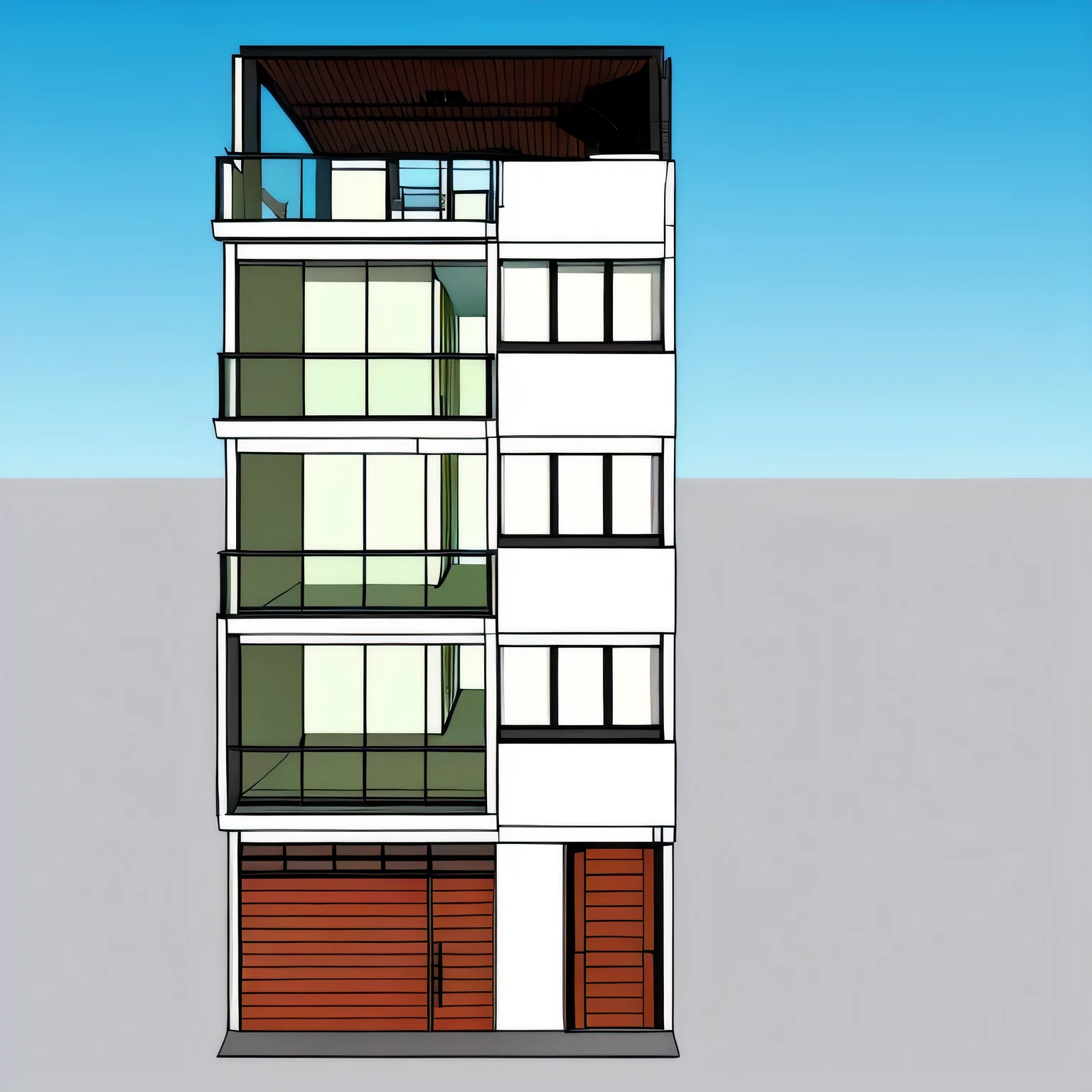 a representation of a tall building with a balcony and a balcony, vista frontal, vista en alzado, front vista en alzado, vista frontal, casa completa, Realistic construction, frente al edificio, condominio exuberante y moderno como escaparate, edificio completo, Un edificio extremadamente detallado, apartment design, en estilo de realismo simplificado, Unique building, architectural concept, prestado, 3/4 vista desde abajo