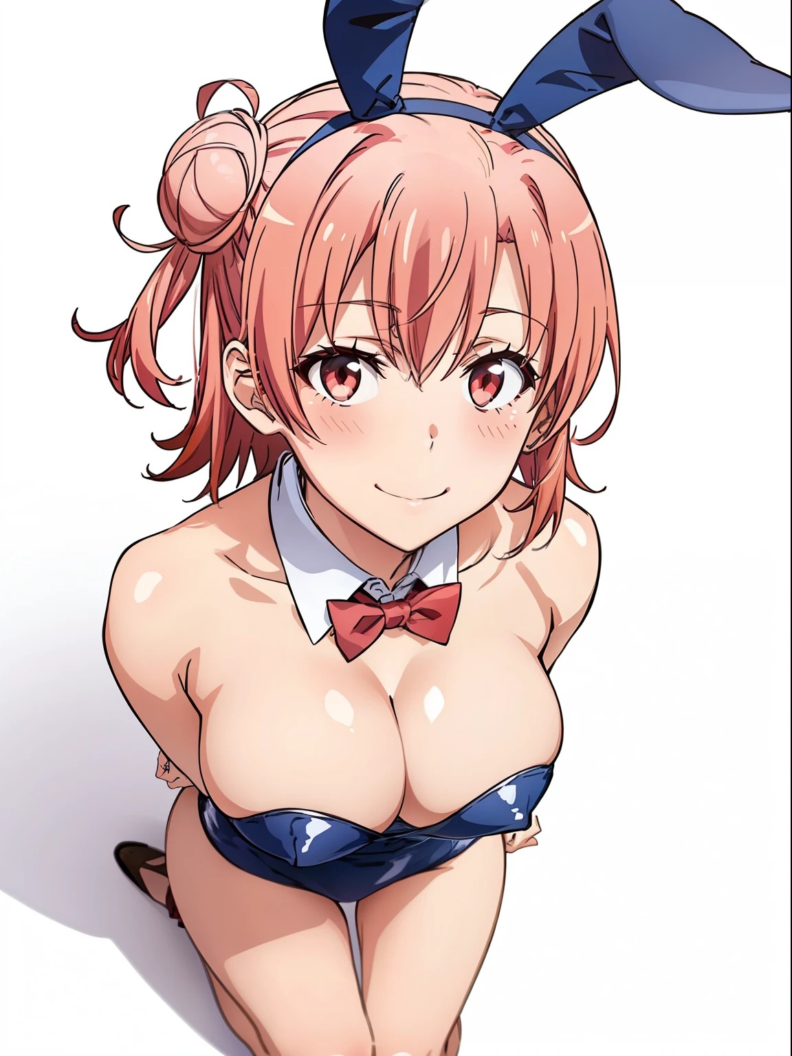 ((masutepiece, Best Quality, hight resolution, nffsw, Perfect Pixel, depth of fields, 4K, )), 1girl in, Solo, , Beautiful anime girl, Beautiful Art Style, close up, Looking up at Viewer, Perfect body, Yuigahama Yui, Short hair, single hair bun, pink hair, (large boob), Full face blush, Smile, thighs thighs thighs thighs, navy playboy bunny, cleavage, red bowtie, white background, hands on knees, shot from above, Focus,