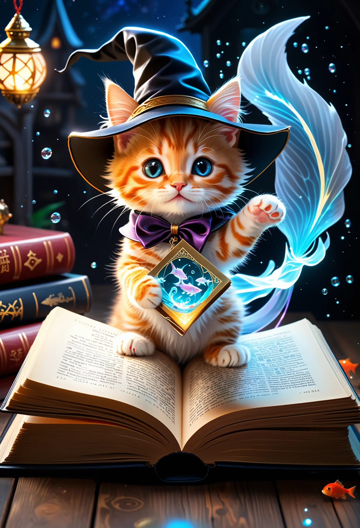amazing quality, masterpiece, Best quality, hyper detailed, ultra detailed, UHD, Ideal Anatomy, Magic world,
(kitten and fish:1.4), fish in the air, Spell Magic to get fresh fish as food,( fish jumping from a magic book:1.3), energy flow,
full body of cute kitten, kawaii, wear witch clothes, witch hat, holding a magic book, magic book in one hand, Spell Magic,
hkmagic,
extremely detailed,
neon light, luminous,