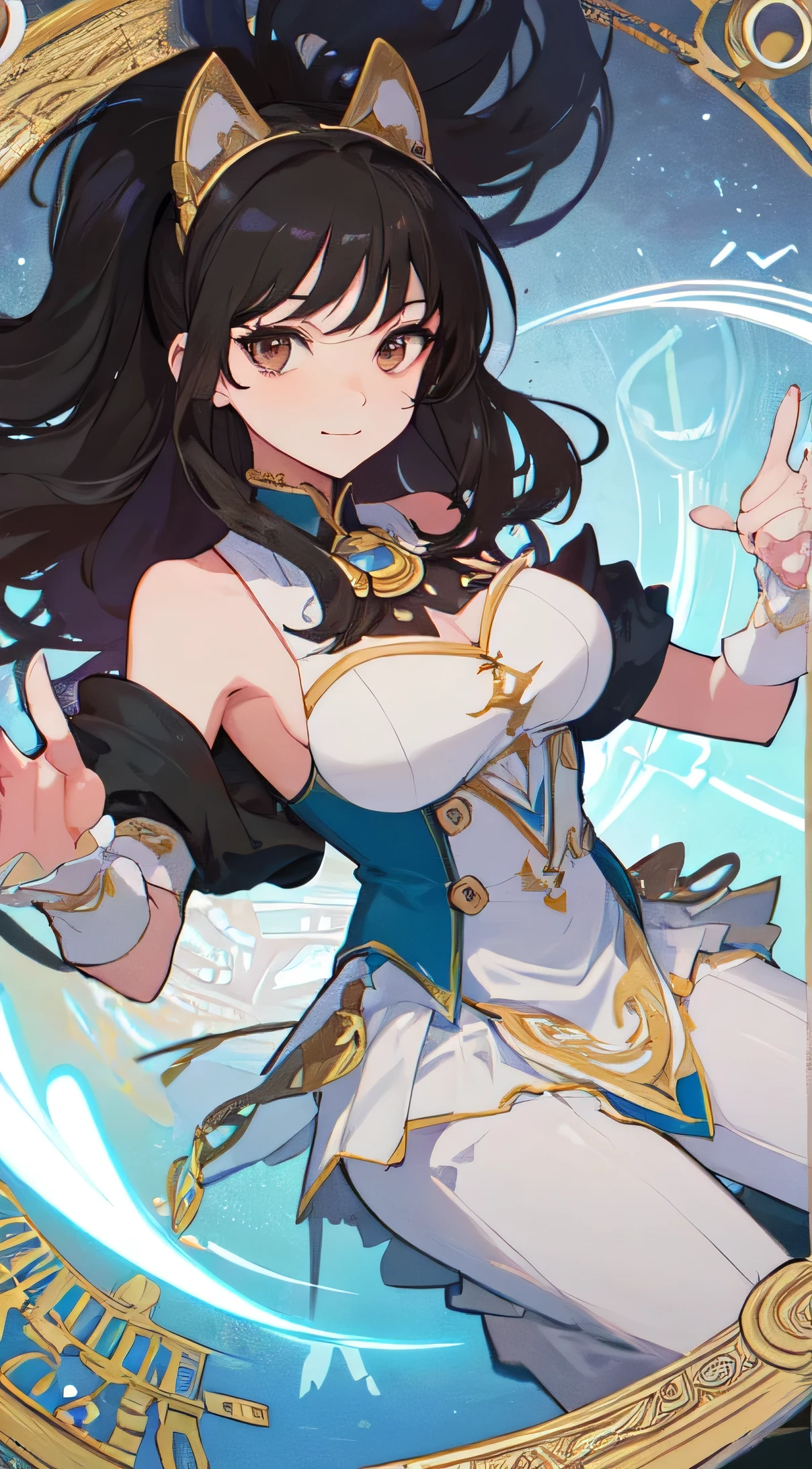 22-year-old female ,black hair, brown eyes, Thin, Big ,Decorated with a bow on the head, Black elegant women's suit, magic circle, Make it like tarot anime style but without the frame, The eyes are firm, time energy, Master the time