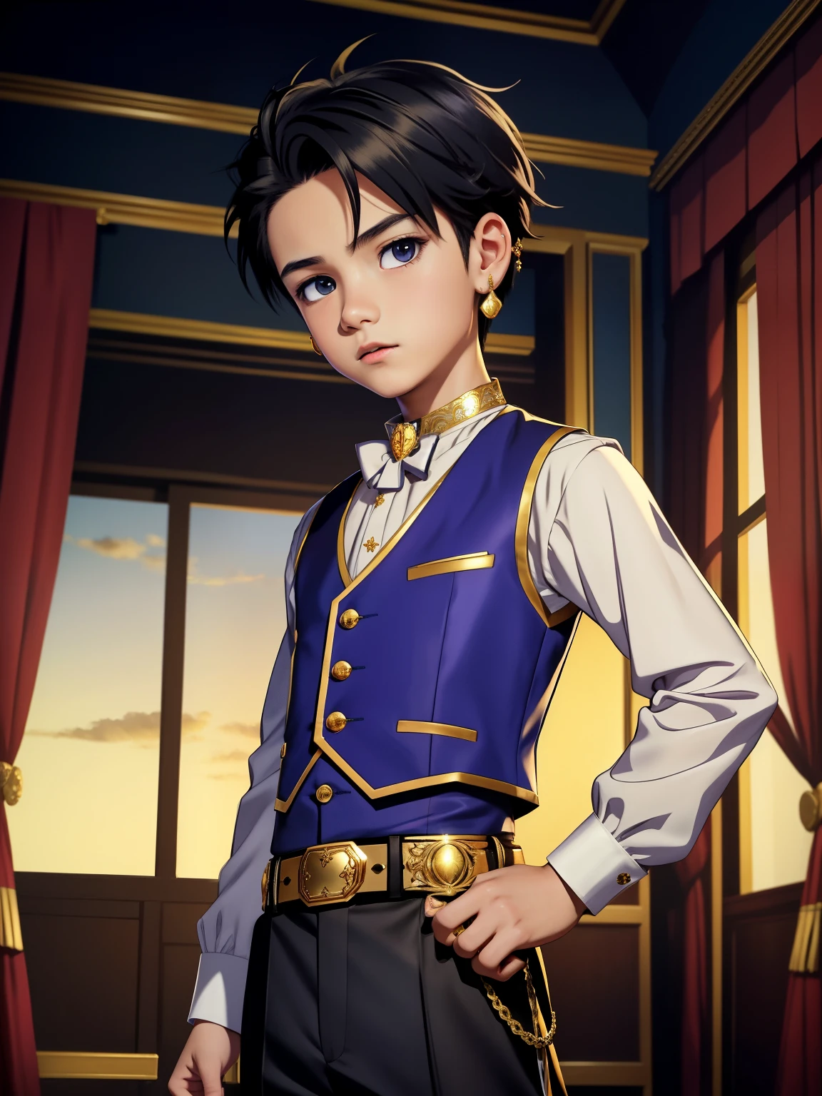 Highres, Masterpiece, Best quality at best,Best Quality,hight quality, hight detailed, Anime style, 1boy, Boy, Solo, (little boys), view from front, Idol, Prince uniform, Vest, gold earring, Choker, Trousers, Belt, (very young boy), (very small and short body)
