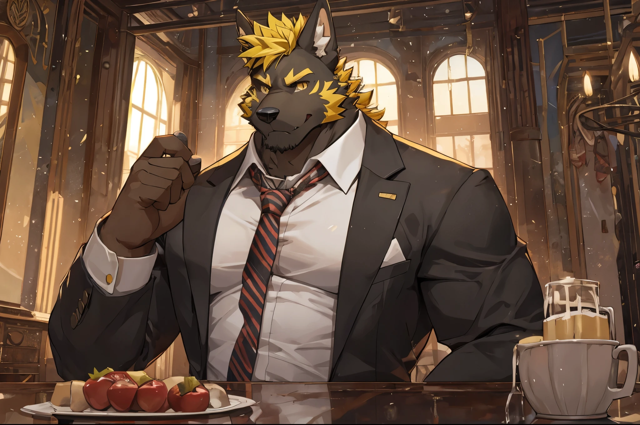 ((best quality)), ((masterpiece)), (detailed), perfect face, bara furry, dog man, big body, black skin, short quiff yellow hair, yellow eyes, perfect eyes, big dog ears, handsome, at , tie
