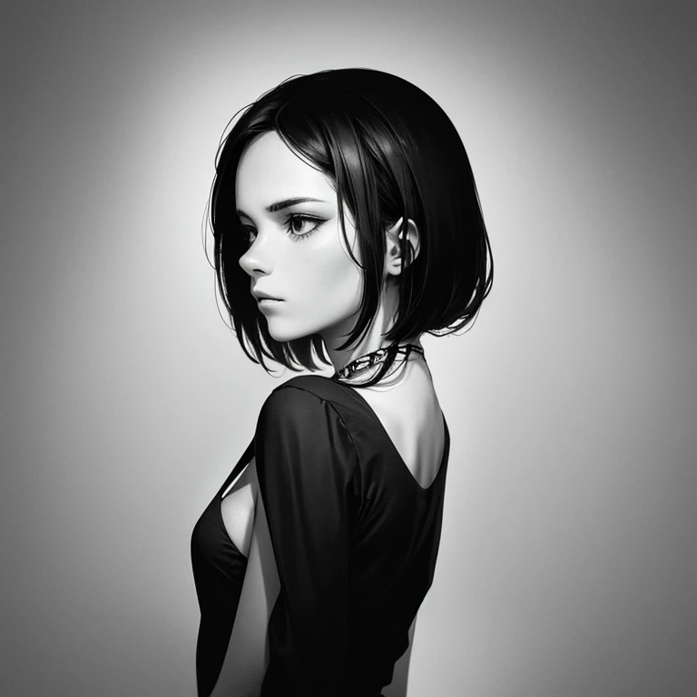 Minimalist style,mujer ,monochrome style, Melancholia ,Album cover,con referentes musicales y de videojuegos 