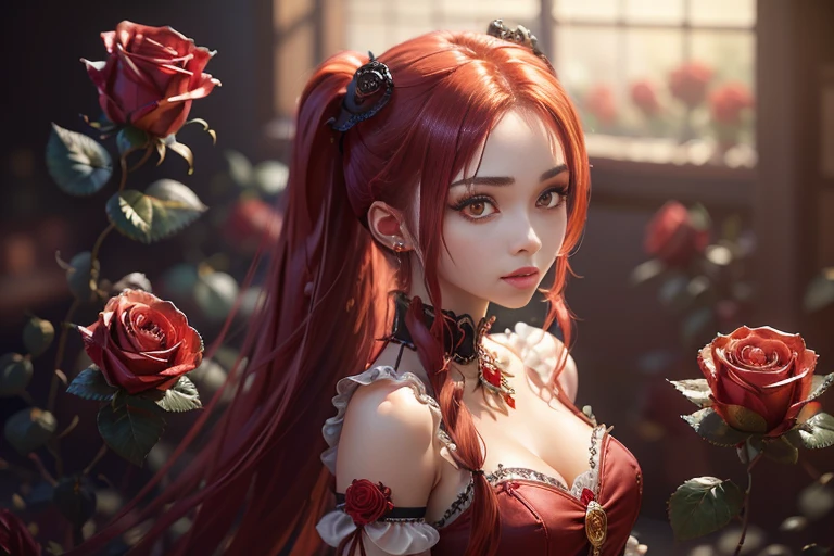 A young woman with long red twintails, Perfect proportions, (detailed eyes, eye correction, red eyes), red glass rose bed, ((More red crystal roses)), posing for a photo, side view, (Delicate images), (Photorealistic: 1.4), (Highly detailed), (high resolution), (Best quality), (masterpiece)