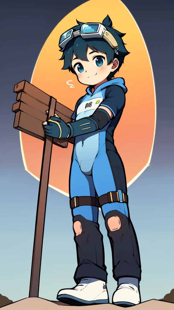 ((A young boy)),(Youthful feeling),One-piece mountaineering suit,slender figure,Healthy limbs,goggles,fingerless gloves,cotton socks,short sleeves,stand up,Smile