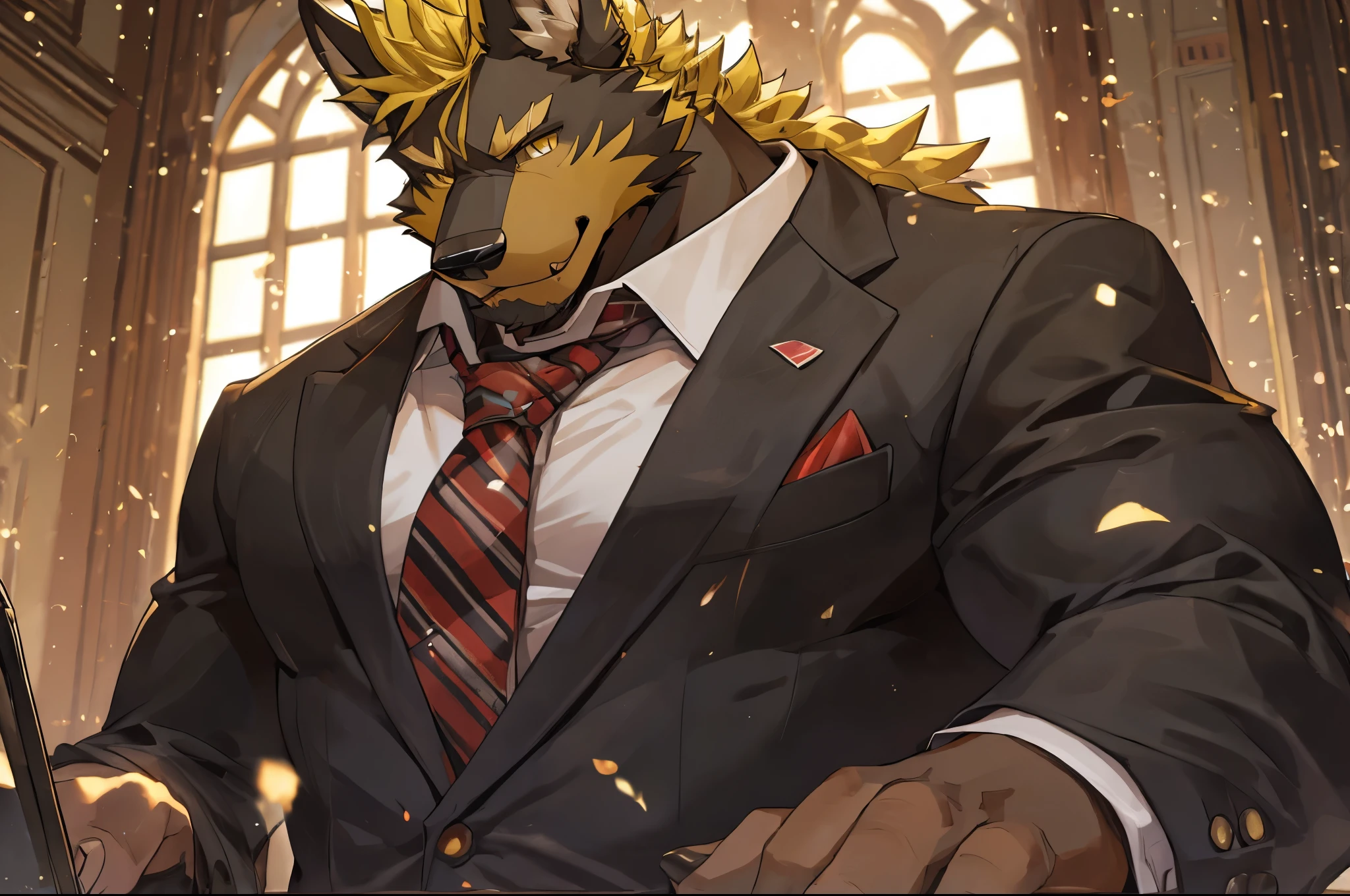 ((best quality)), ((masterpiece)), (detailed), perfect face, bara furry, dog man, big body, black skin, short quiff yellow hair, yellow eyes, perfect eyes, big dog ears, handsome, at , tie