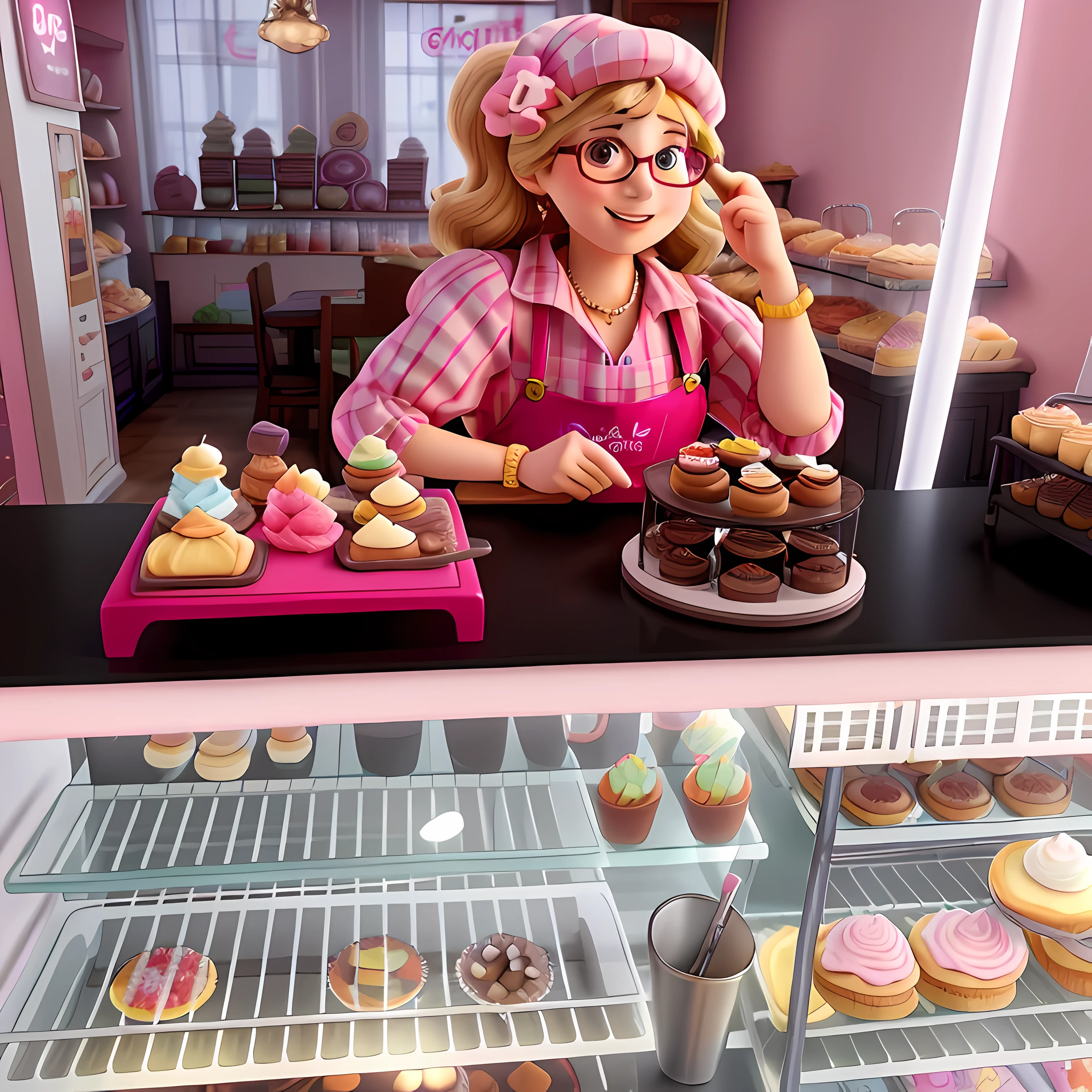 (best quality, 4k, high resolution, masterpiece: 1.2), ultra-detailed, realistic, happy, chubby white-skinned lady with confectioner's cap, glasses, big bright eyes, detailed lips, incredibly cheerful, full of excitement, bursting with happiness, wearing an apron and white pastry gloves, surrounded by delicious sweets and cakes, behind a counter in a warm and inviting bakery. The store is beautifully decorated with colorful sweets, chocolates and light pink and white decorations, creating a vibrant and welcoming atmosphere. The lady is holding a tray full of freshly baked cupcakes, their fluffy tops adorned with delicious frosting and sprinkles. The shelves behind her are filled with a variety of mouth-watering sweets, including croissants, cakes, pastries and tarts. Brightly colored jars line the shelves, containing a variety of candies, gummies and chocolates, adding a playful and whimsical touch to the confectionery. The lady's infectious smile radiates joy and passion as she assists customers in selecting their favorite desserts, passionately describing the flavors and textures of each treat. The sound of laughter and chatter fills the air as people flock to this delicious bakery to indulge in the sweet pleasures it offers. The general setting is bathed in warm and inviting lighting, enhancing the warm and welcoming atmosphere of the bakery. The colors of the scene are vibrant and cheerful, with a harmonious mix of pink tones and touches of bright tones from the clothing. The composition highlights the lady as the focal point, capturing the essence of her happiness and passion for creating delicious sweets.