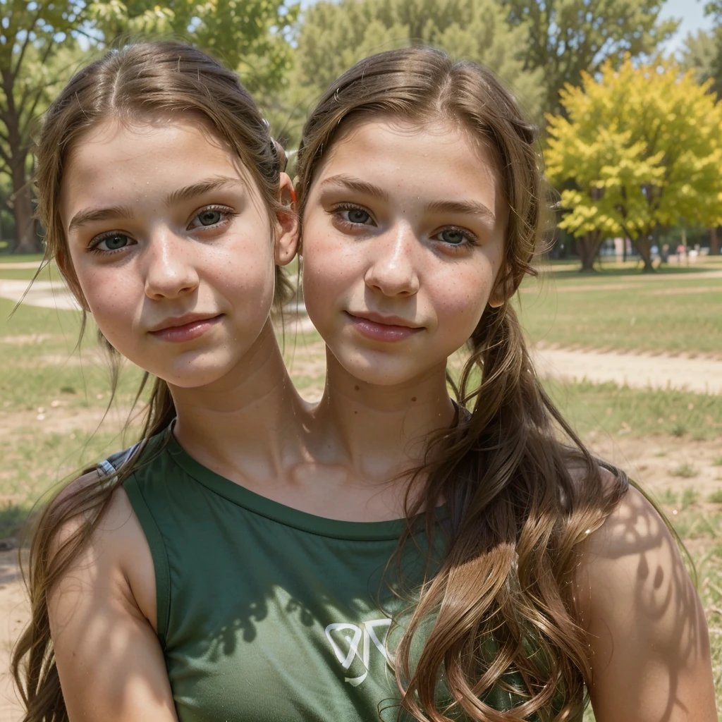 two girls, one and the other 7 years oldn a park, kissing on the cheek, baby face, she are happy, wearing ballet clothes and leggings, long hair, 8K, maximum perfection possible, similarity with reality, natural photo, wearing tiara