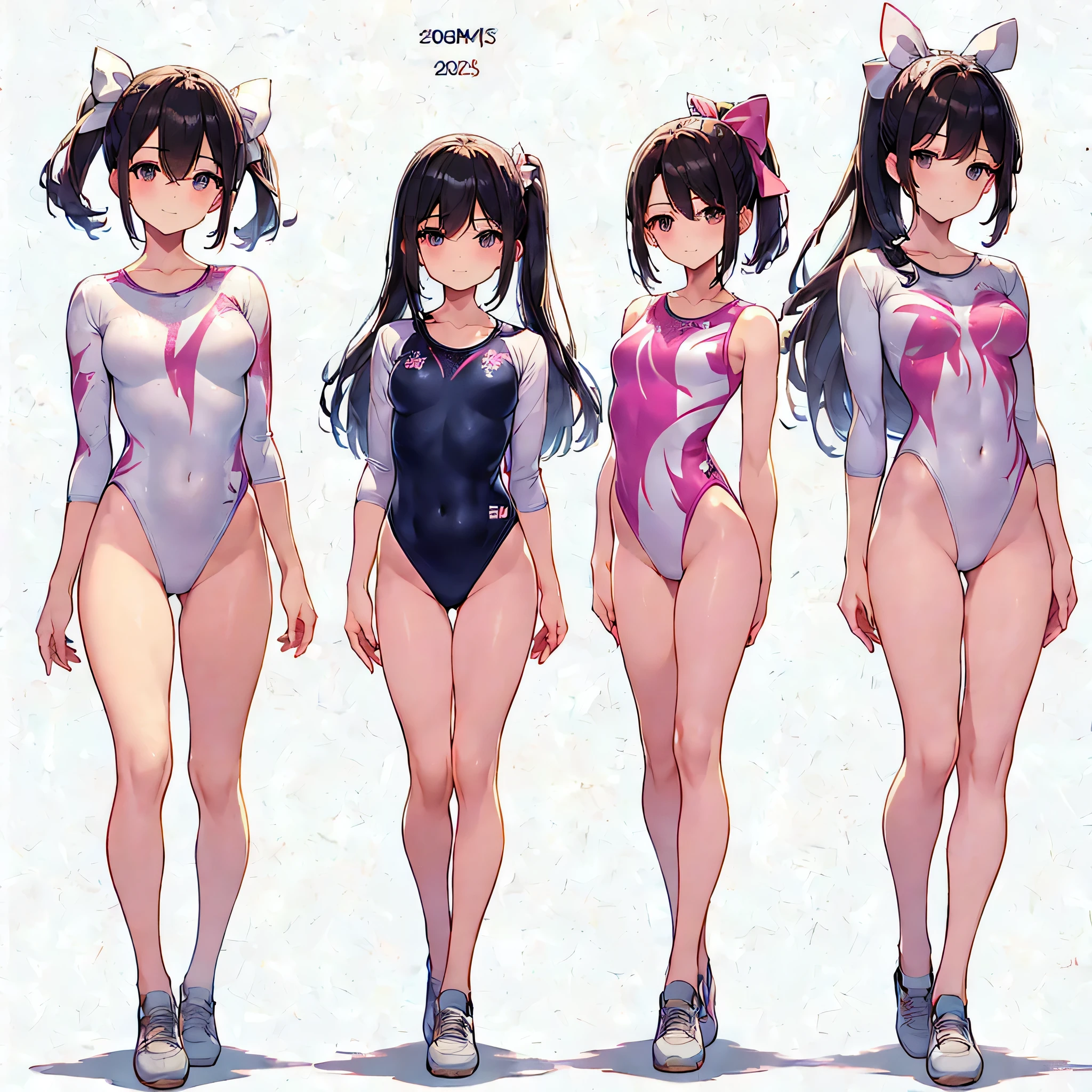 ((full body)),(masterpiece, best quality), (2 girls1.5) ,((Contrapposto:1.5)), looking at viewer, walking,((v_arms:1.2)), (wearing gymnastics_longsleeves_leotard_outfit leotard:1.3),(pink leotard) ,(ribbon print leotard:1.3),{{wearing gym suit:1.3 }}, BREAK masterpiece black hair, ((long hair:1.2)), ((parted bangs:1.3)), black eyes, good hand, ((small breasts)), (over 20 years old, under 25 years old:1.2), , spotlight, happy, smile, BREAK in the class room