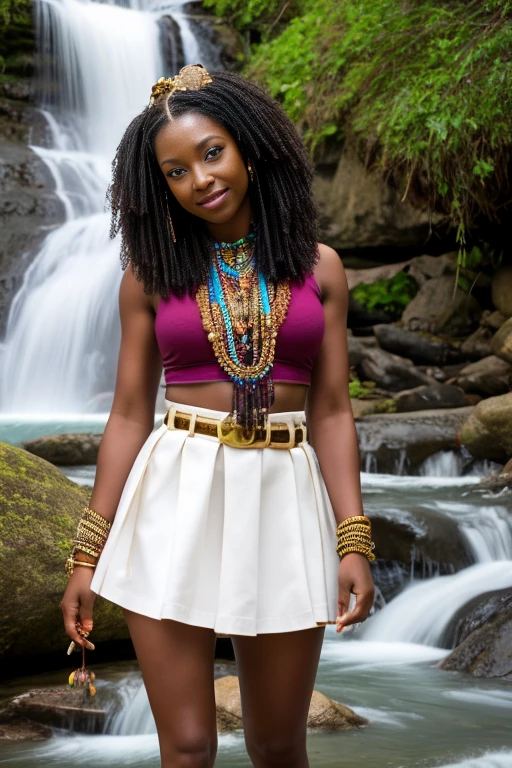 Orisha oxum, Candomblé customs, Candomblé skirt African Goddess, African accessories, Skirt with conch shells, cinto dourado, colares Zulu, Nigeria, inspirada em Hale Bailey, cachoeira, lilies, Afrofuturismo, misticismo, Cultura Africana, maquiagem tribal, Orisha oxum, com colar em torno do estilo africano, com seios nus adornados com pulseiras douradas;, saia longa dourada, belt with gold coins and whelks, braided hair and mirror in hand in a waterfall with white lilies on feet, holding golden mirror adorned with pearls and whelks