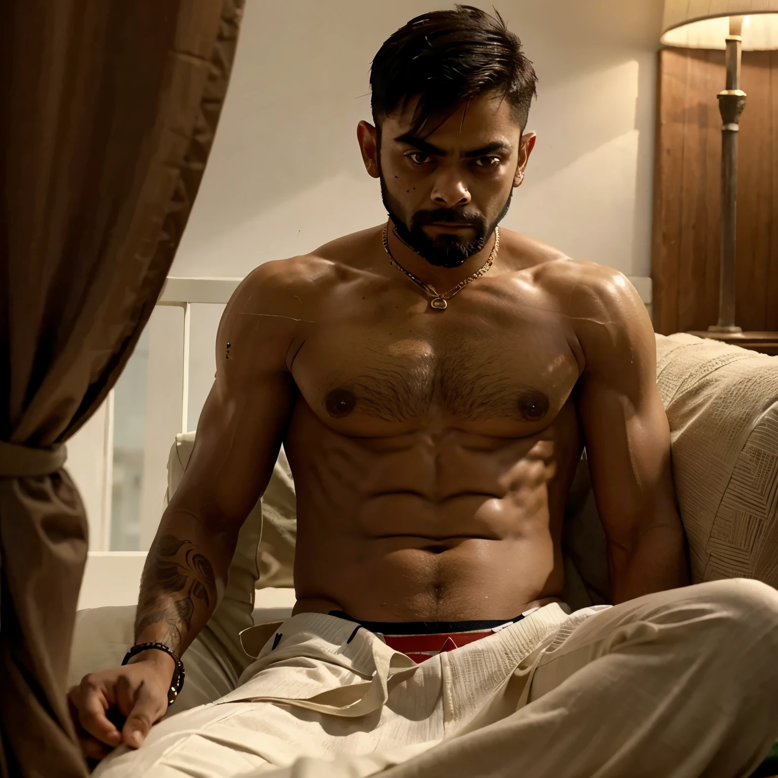 Arafed man sitting on a couch with a shirtless body - SeaArt AI, image size:1536x1536