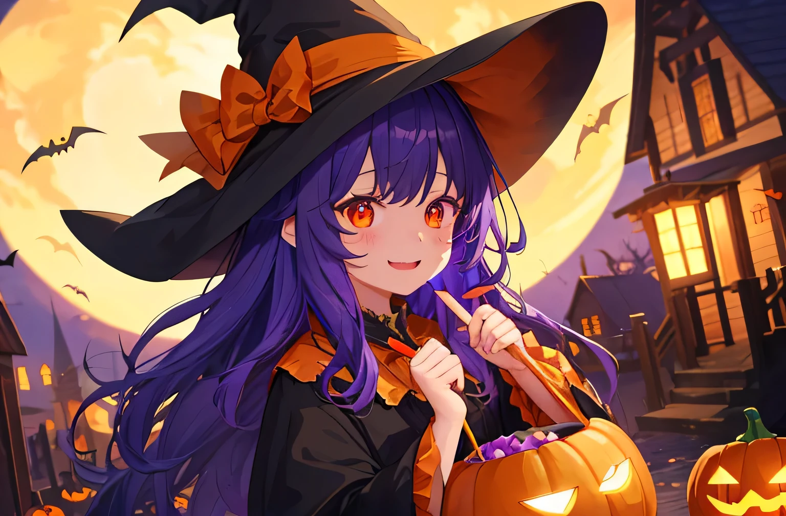 halloween atmosphere、Bat in the background、Girl in a witch costume、Wearing a big witch's hat、I held a bucket of sweets in my hands、laughter、、Outer hair is black、Inner hair is orange、focus on the girl、eye highlights、Heart Effect