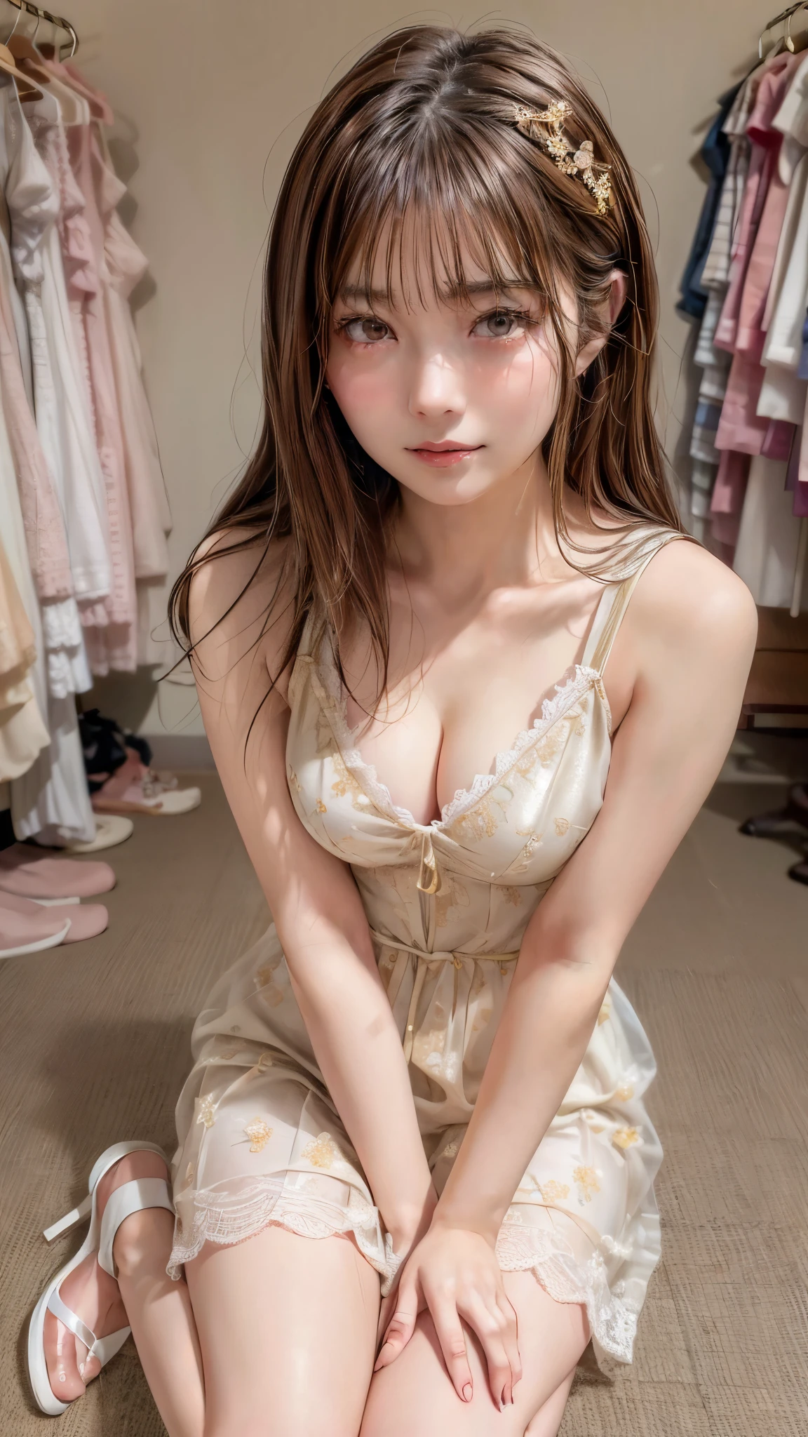 best image quality、8K、masterpiece：1.3))、Realistic high quality photos、highest quality、cute girl～well-groomed face、13 year old beautiful Japanese girl、Photos of slim models、beautiful girl model、若いjapanese girl、young and cute face、japanese girl、13 year old female model、beautiful model girl、The innocent look of the girl next door、nice delicate face、brown hair、beautiful brown eyes、tear bag、drooling eyes、young body、colorful,best details.expressed in the shape of a heart、heart shaped ornament、Use a lot of heart shapes、Use a lot of heart shapes in the background、Use lots of pink、use lots of flowers、Angle from above the knee、My breasts are small, size B.、Slender、Her legs are slender and beautiful,The skin is white and transparent,high heels、Gold Anklet、mouth open、He has a disgusted look on his face.、Lace nightgown