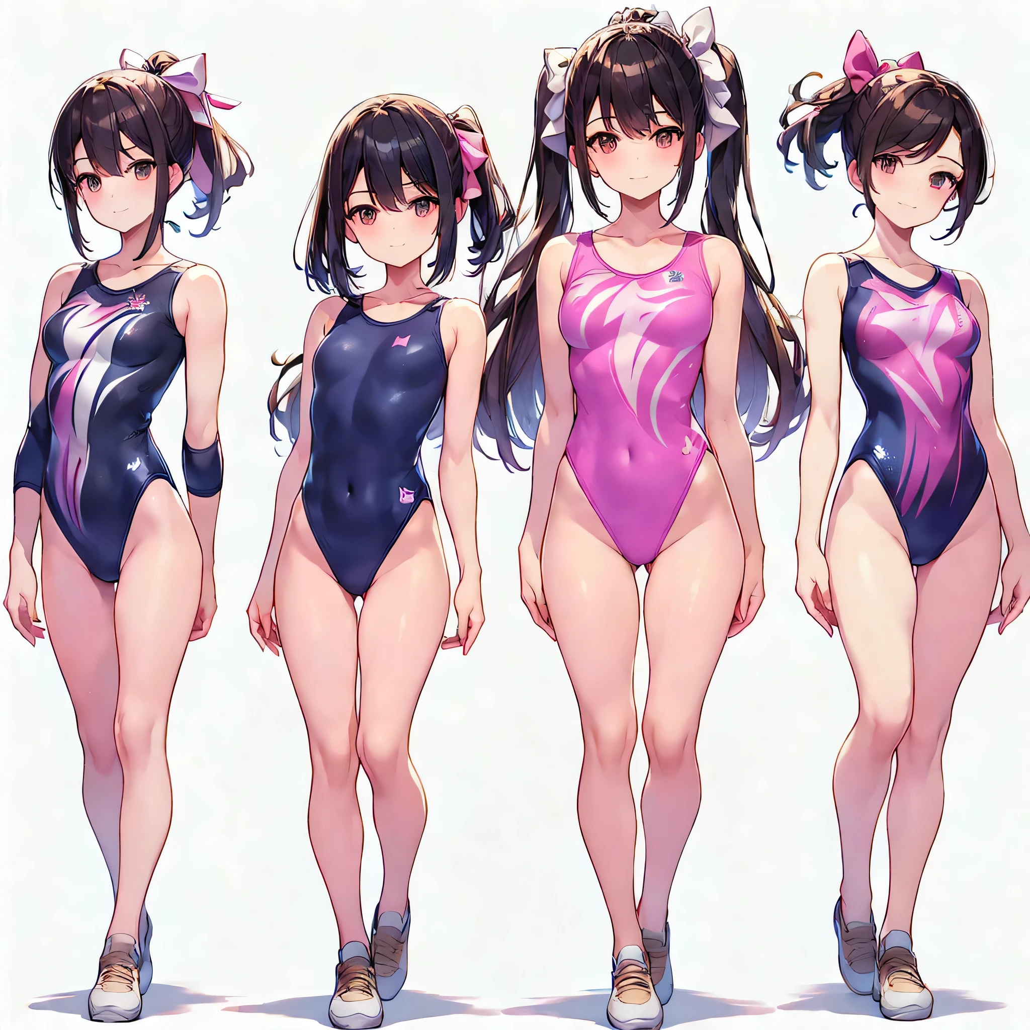 ((full body)),(masterpiece, best quality), (2 girls1.5) ,((Contrapposto:1.5)), looking at viewer, walking,((v_arms:1.2)), (wearing gymnastics_longsleeves_leotard_outfit leotard:1.3),(pink leotard) ,(ribbon print leotard:1.3),{{wearing gym suit:1.3 }}, BREAK masterpiece black hair, ((long hair:1.2)), ((parted bangs:1.3)), black eyes, good hand, ((small breasts)), (over 20 years old, under 25 years old:1.2), , spotlight, happy, smile, BREAK in the class room