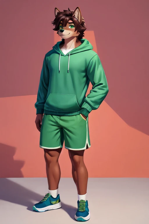 Furry anthropomorphic wolf, Russet brown fur, dark brown hair, dark green eyes, 6'1 and 173 lbs, 41" Chest, 19" Shoulders, 13" Biceps, 32" waist, 23" Thighs, 15" Calves, 19" Back, wearing bright yellow-green zip up hoody, wearing Grayish-green T-shirt, wearing matching sweat shorts, wearing dark slate gray slip on shoes, soft colors, vivid colors, pastel color, soft shading,