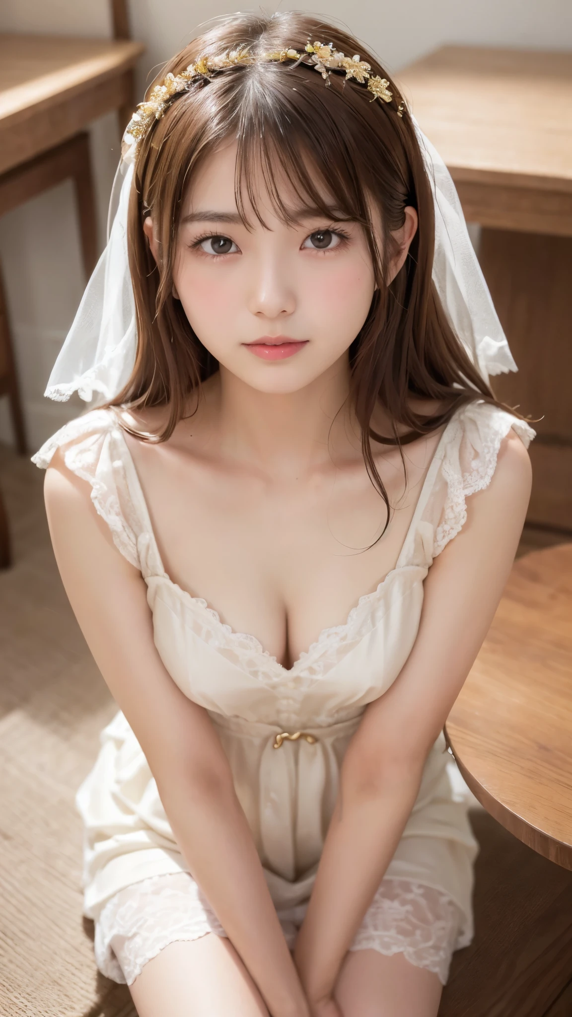 ((NSFW)),　((1.femele, Solo)), Highly detailed CG Unity 8K wallpapers、top-quality、ultra-detailliert、​masterpiece、realisitic、Photorealistic highly detailed cute girl、(25-years old)、red blush、round idium chest、cleavage of the breast、Semi-body shots、White wedding dresses、Valley、Hotel、(White Princess Line Wedding Dresser Tiara、White choker、White lace gloves、white panty hose:1.2)，(White skirt、Beautiful embroidery、White lace garter belt:1.2)，Beautiful necklaces、The whole body is reflected、Staring straight ahead、Mouth ajar、Enchanted、A wistful look、Ecstatic face、cum faced、opening legs widely、all-fours、Head down、Rest your elbows on the bed、Raise your buttocks high、Show your pants、doggy style、Looking at the buttocks from behind