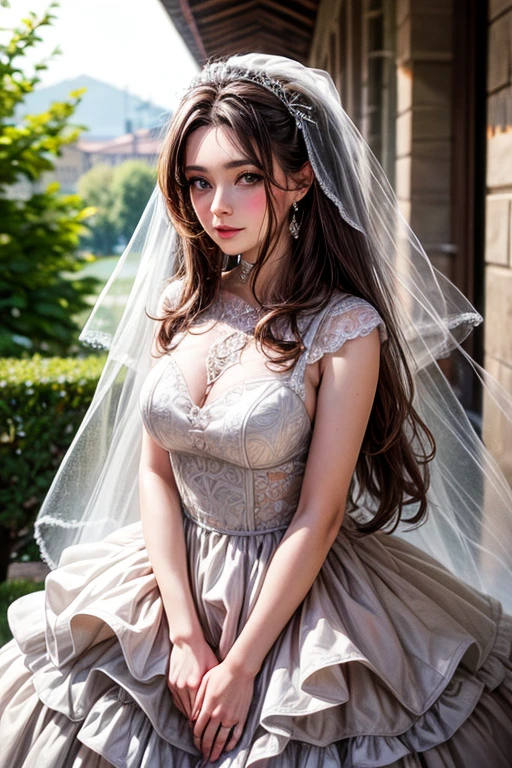 Italian girl, 25 years old, long brown hair, dressed as a wedding