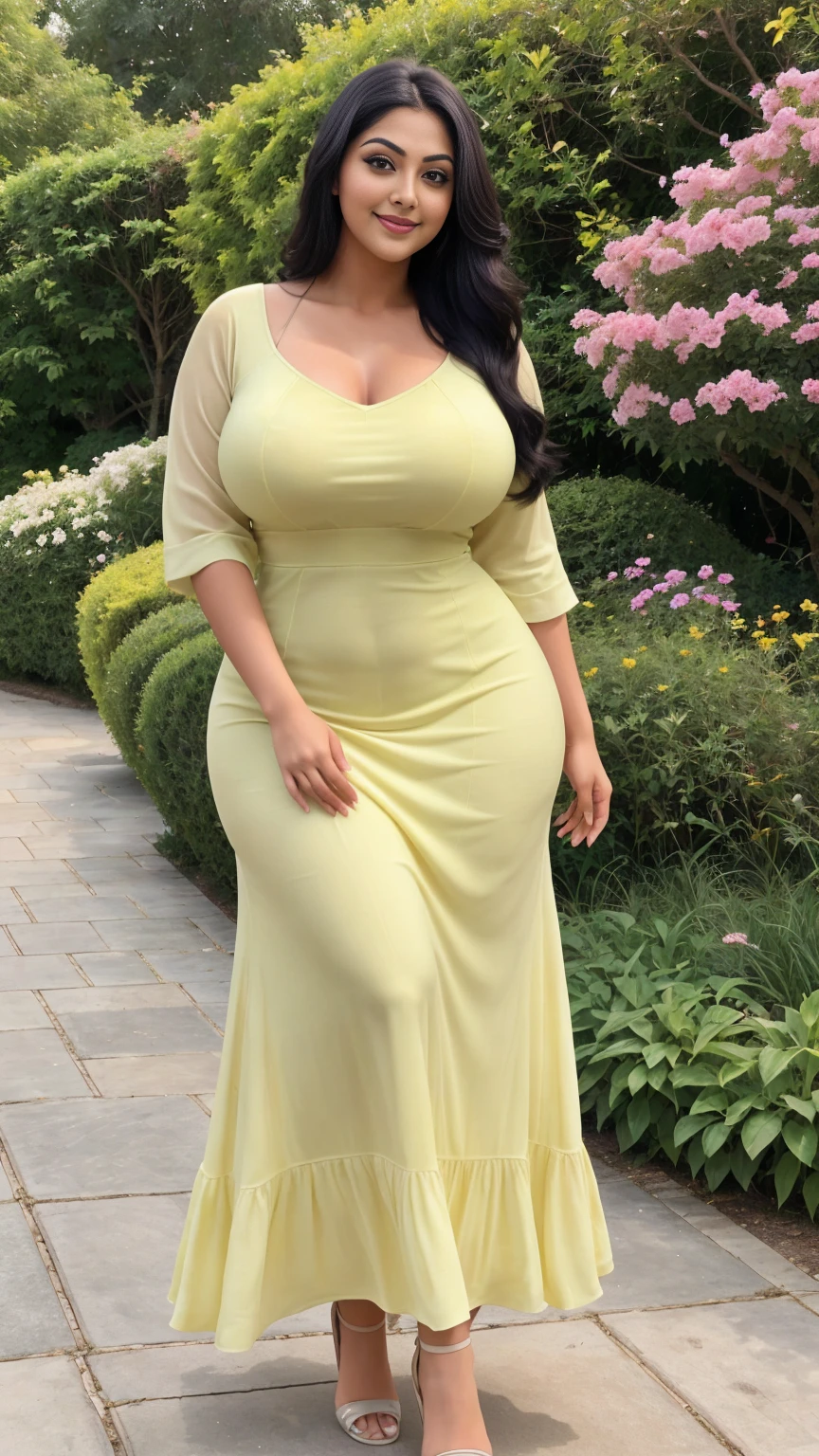 Rati Agnihotri Indian beautiful actress curvy plus size hour glass bulky huge figure woman, closeup camera view, big huge m-cup breast, wearing SHEIN Young Girl Pleated Elegant Party Princess Dress SKU: sk2305049341169119 (1000+ Reviews) GBP£6.99 GBP£9.99 -30% Including VAT Color:Yellow, elegant standing position, eye contact view, different style hairstyle, bright eyes, thin eyebrows, fair skin, blushing cheeks, prefect head to toe view, full body,Garden Paradise: A lush botanical garden with vibrant flowers, winding paths, and serene ponds, head to toe view, full body shot, full body view, smile face, black hair, Indian face, perfect skin tone light, ultra realistic skin texture