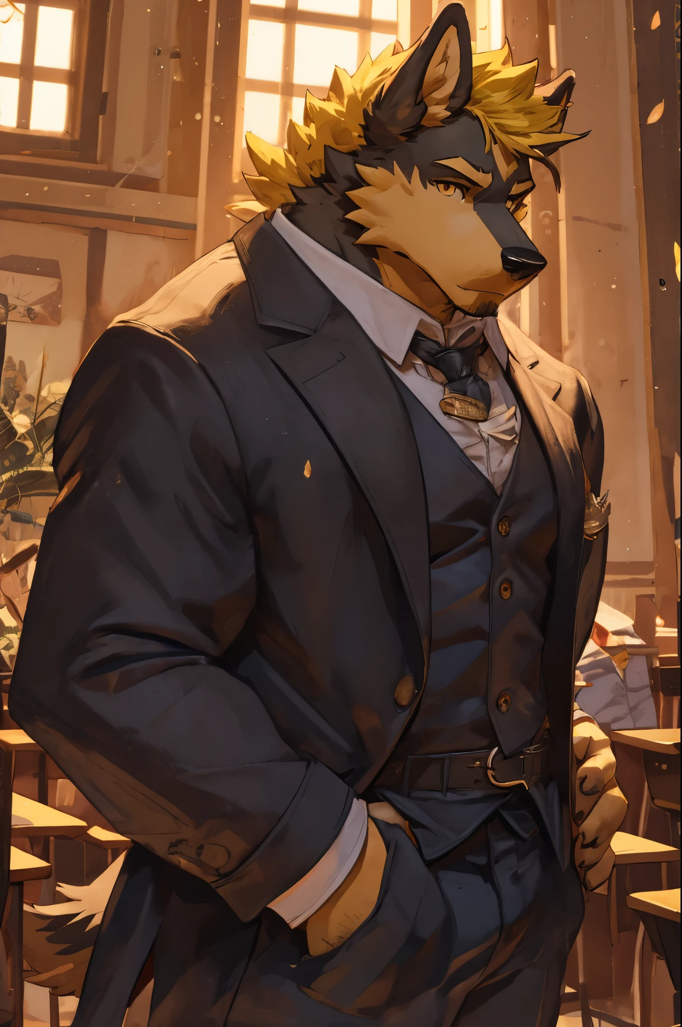 ((best quality)), ((masterpiece)), (detailed), perfect face, bara furry, dog man, big body, black skin, short quiff yellow hair, yellow eyes, perfect eyes, big dog ears, handsome, at school