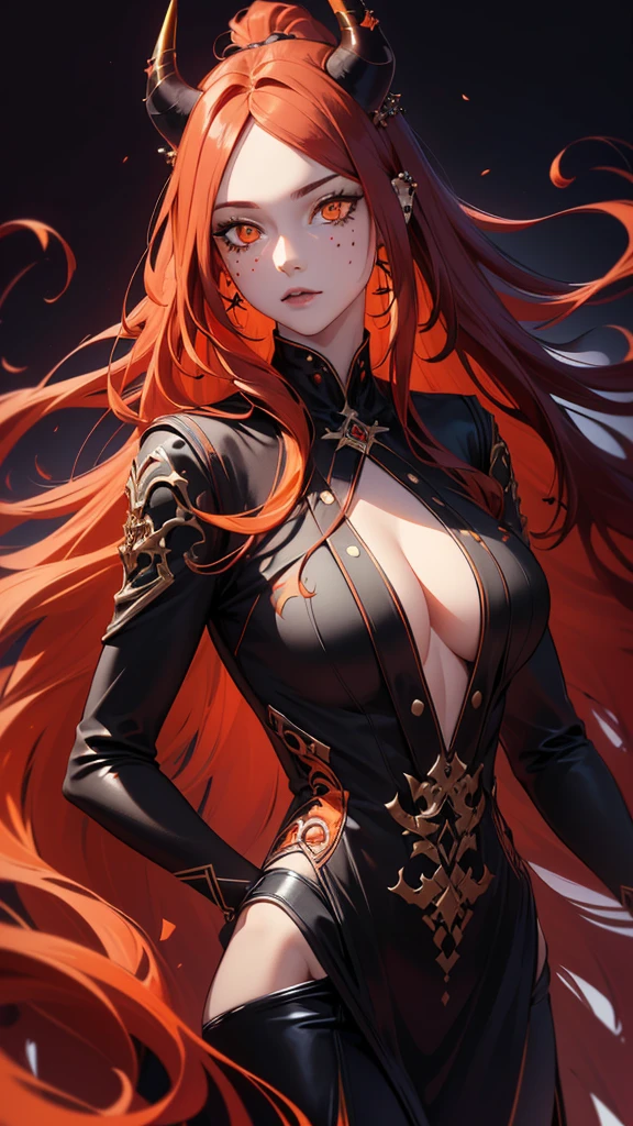 (best quality,4k,highres,masterpiece:1.2),ultra-detailed,realistic:1.37, portraits, (((long flowing red hair))), beautifully fair skin, black outfit, (((piercing orange eyes))), sensual pose, ((subtle black spots, mysterious aura, monochromatic colors)), mature woman, ((black horn))