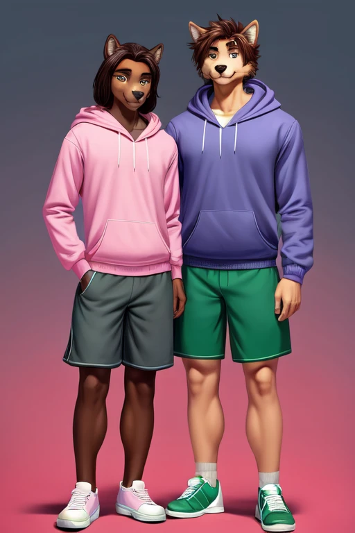Furry anthropomorphic wolf, Russet brown fur, dark brown hair, dark green eyes, 6'1 and 173 lbs, 41" Chest, 19" Shoulders, 13" Biceps, 32" waist, 23" Thighs, 15" Calves, 19" Back, wearing bright yellow-green zip up hoody, wearing Grayish-green T-shirt, wearing matching sweat shorts, wearing dark slate gray slip on shoes, soft colors, vivid colors, pastel color, soft shading,