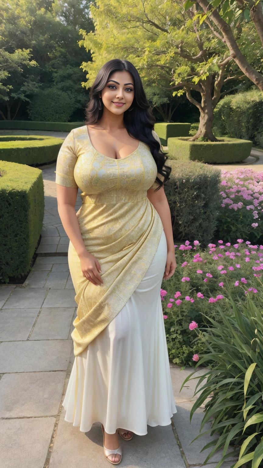 Rati Agnihotri Indian beautiful actress curvy plus size hour glass bulky huge figure woman, closeup camera view, big huge m-cup breast, wearing SHEIN Young Girl Pleated Elegant Party Princess Dress SKU: sk2305049341169119 (1000+ Reviews) GBP£6.99 GBP£9.99 -30% Including VAT Color:Yellow, elegant standing position, eye contact view, different style hairstyle, bright eyes, thin eyebrows, fair skin, blushing cheeks, prefect head to toe view, full body,Garden Paradise: A lush botanical garden with vibrant flowers, winding paths, and serene ponds, head to toe view, full body shot, full body view, smile face, black hair, Indian face, perfect skin tone light, ultra realistic skin texture