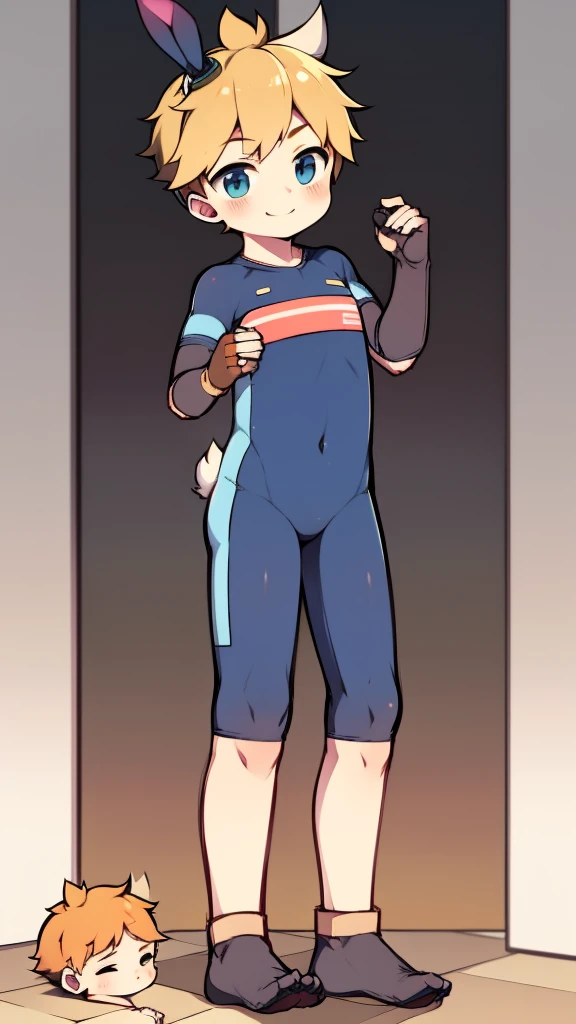 ((A young boy))，(Youthful feeling)，One-piece mountaineering suit，slender figure,Healthy limbs，goggles，fingerless gloves，cotton socks，short sleeves，stand up，Smile，Rabbit ears，Rabbit Tail