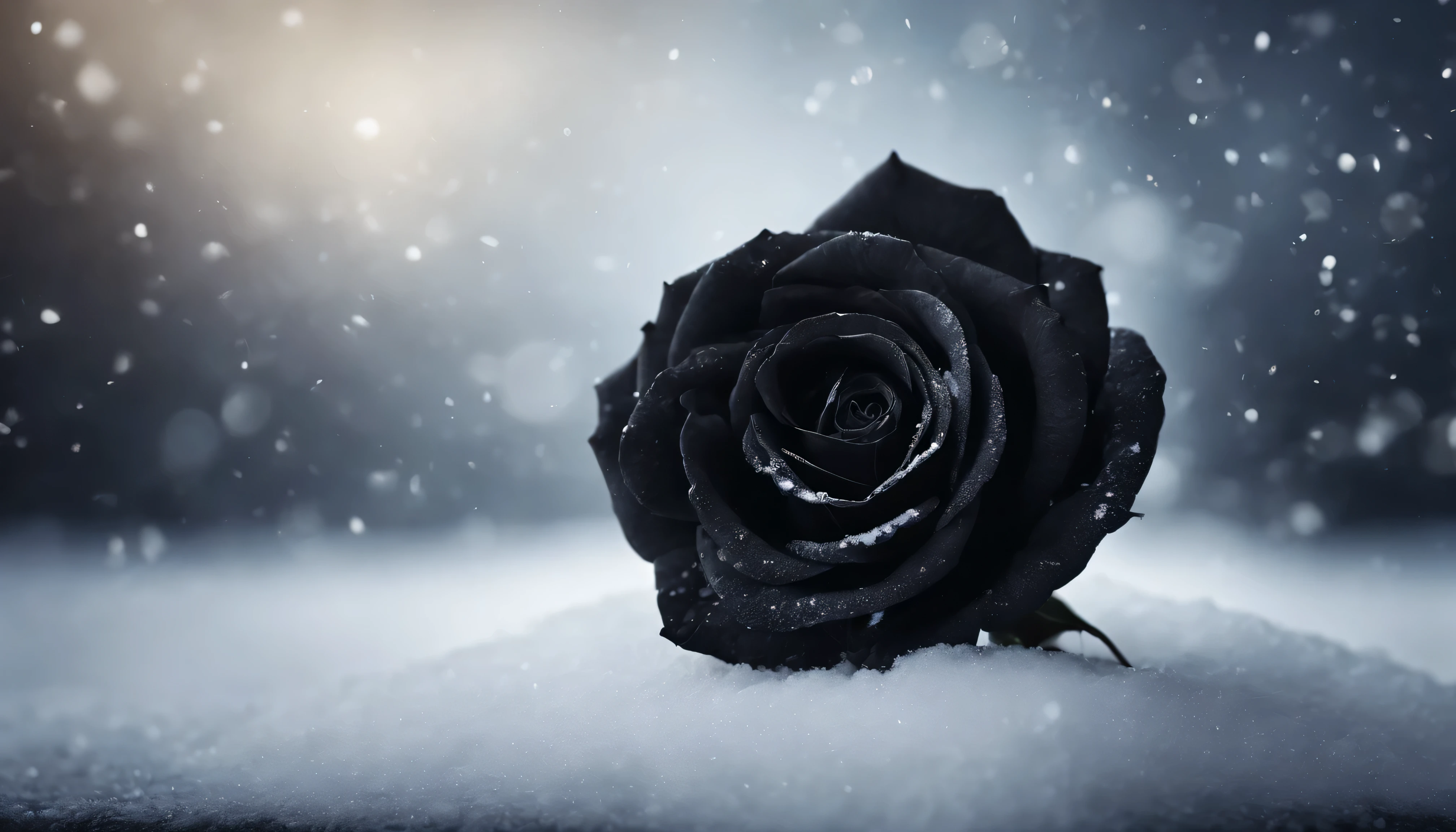 a black rose on a snowy surface, best image, sharp focus, highly detailed, brandless, no one, no brand, no words,