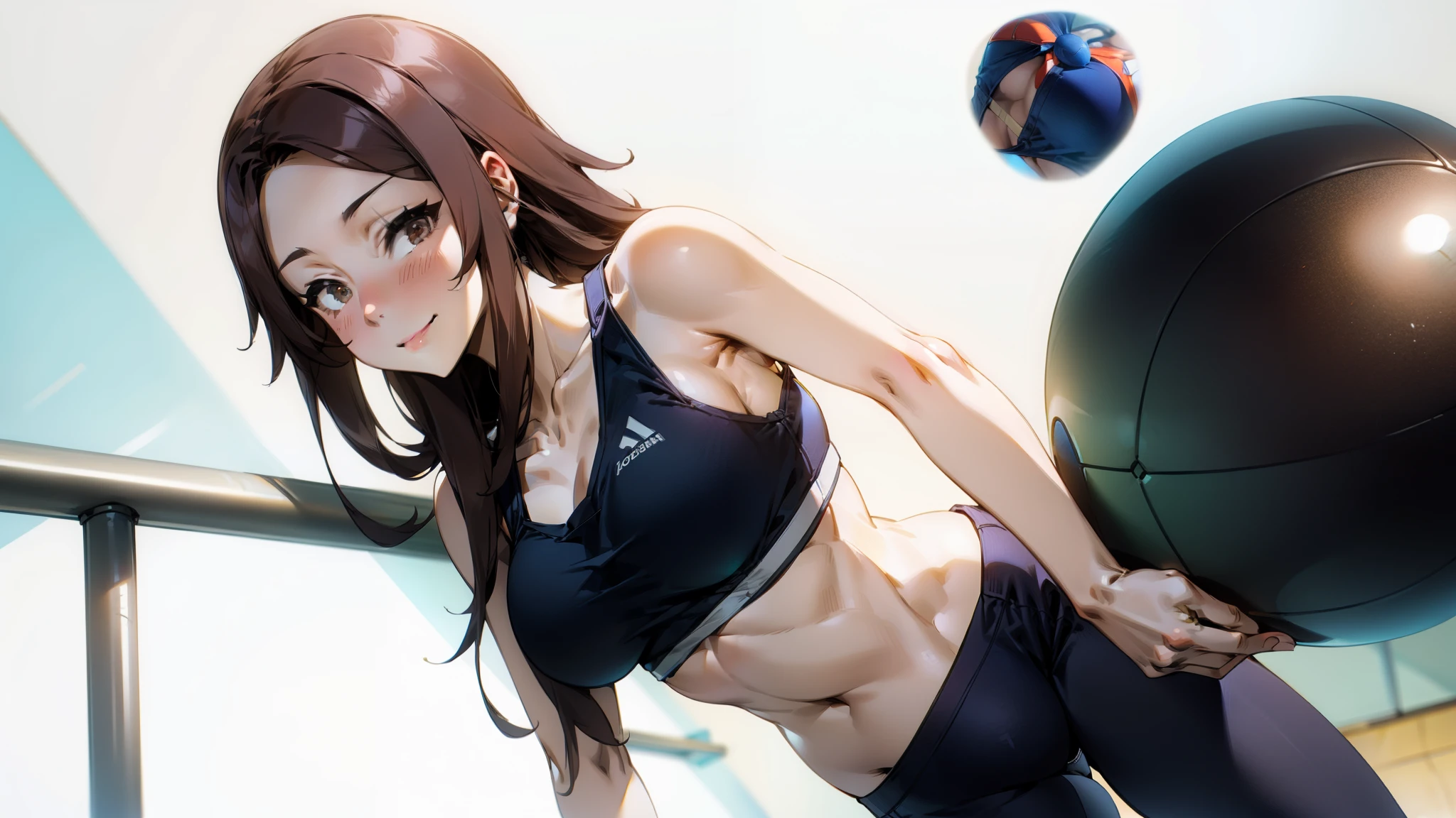 brown hair, brown eyes, long hair, looking at viewer, solo,forehead,masterpiece, best quality, photorealistic, yujiasuit, yoga sports bra, yoga pants, 1girl, solo, , yoga ball, pants, looking at viewer, smile, green sports bra, simple background, , midriff, long hair, breasts, green pants, sportswear, tank top, upper body, in a gym, cute, standing, dynamic pose, only one girl, intricate gym in the background,
